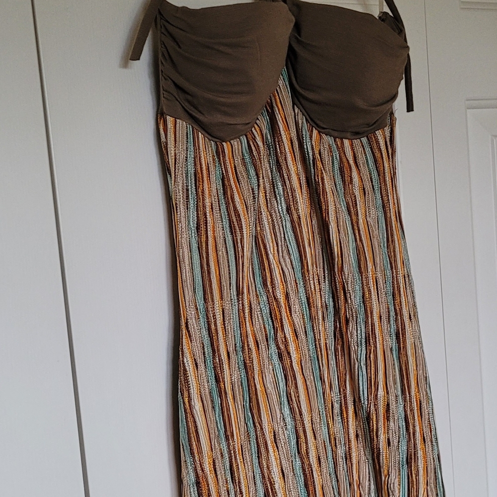 White and Brown Pleated Midi Dress With Attached Slip